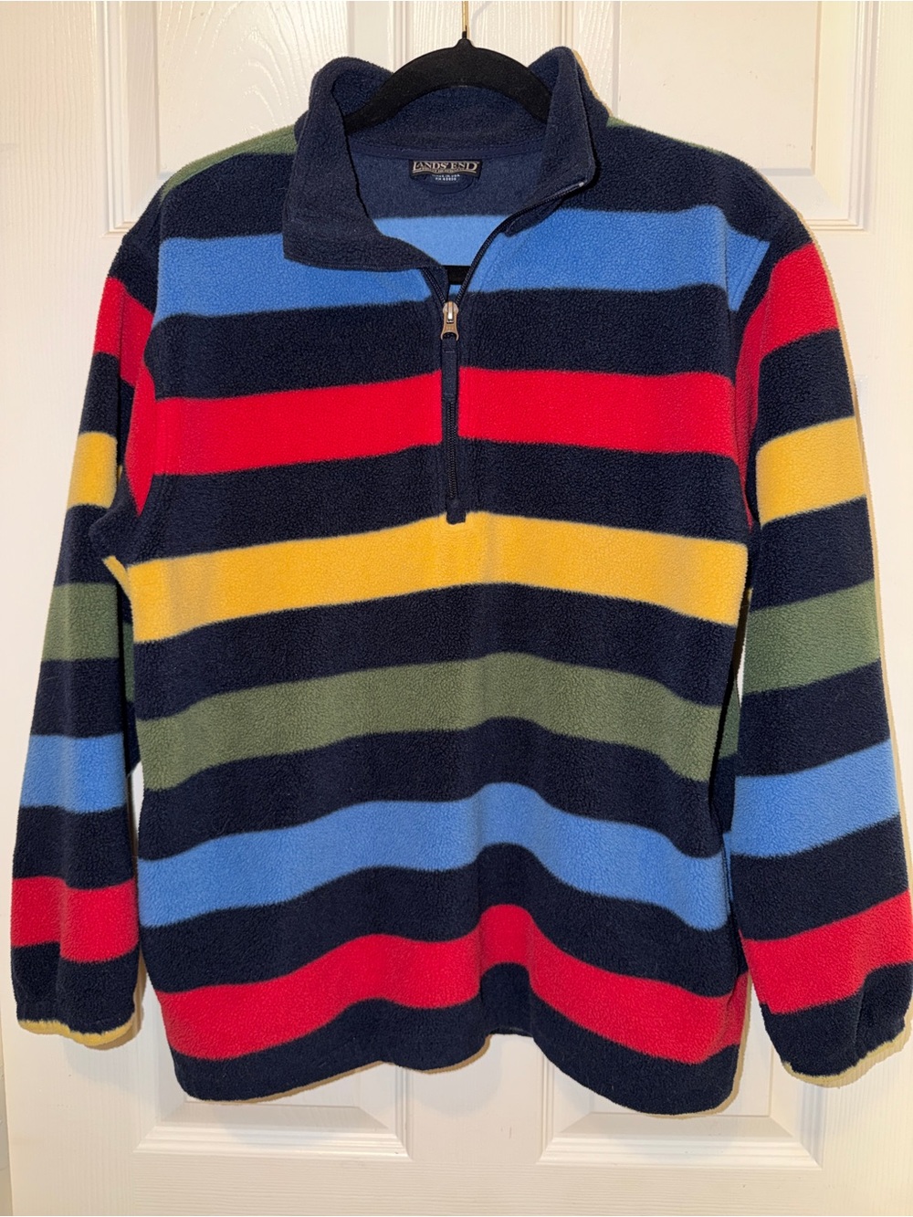 Vintage Lands' End Navy Fleece Zip-Up with Red, Blue, Yellow & Olive Stripes